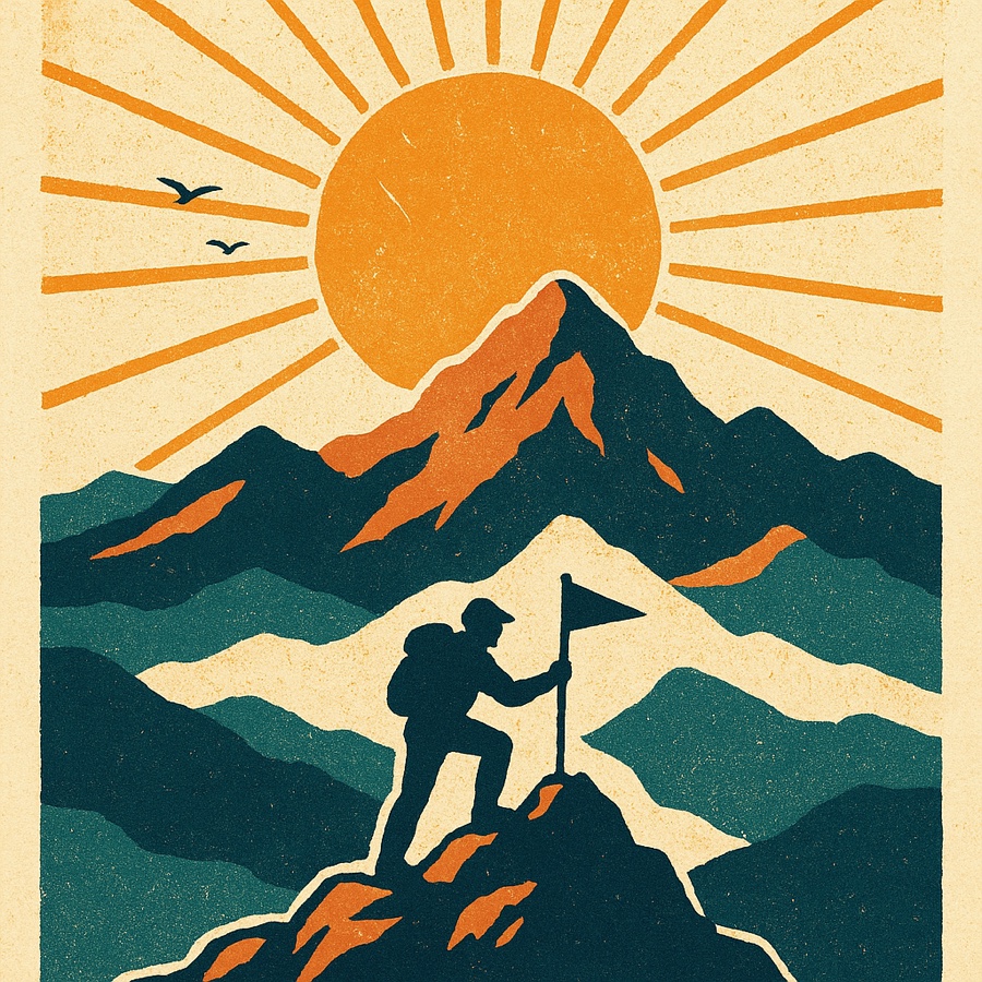 Vintage poster illustration of a hiker planting a flag on a mountain summit at sunrise