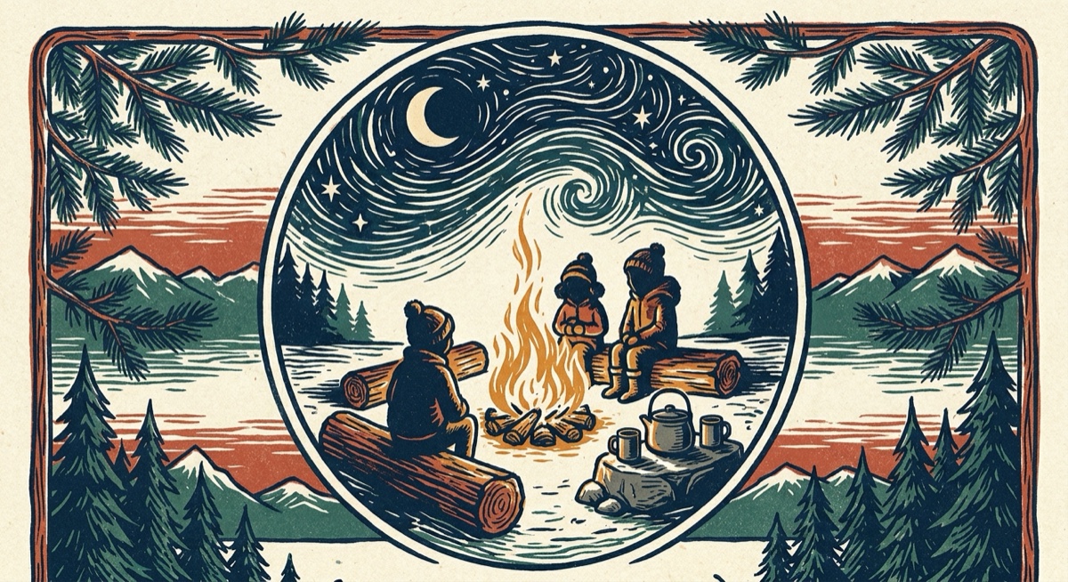 Vintage poster illustration of people gathered around a campfire under the stars