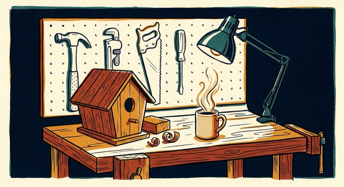 Vintage poster illustration of a maker's workbench with hand tools and a work in progress